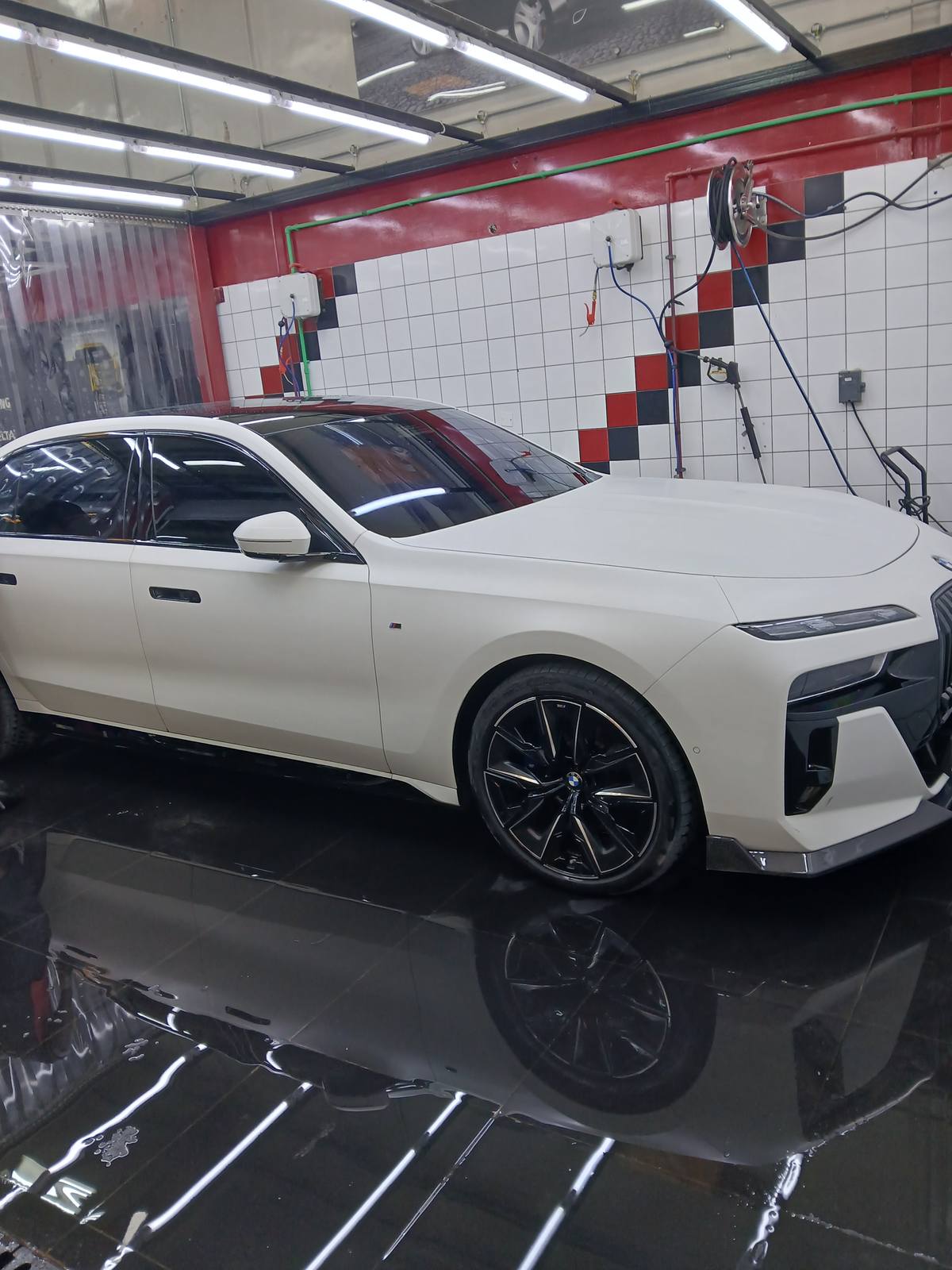 White BMW at the Velokar workshop in Al Quoz, Dubai
