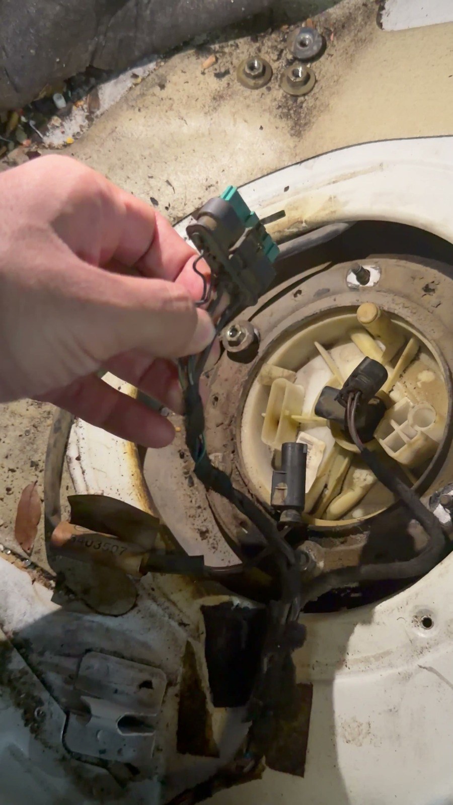 Technician’s hand holding the connector of a fuel pump module lifted out of the tank for inspection at Velokar